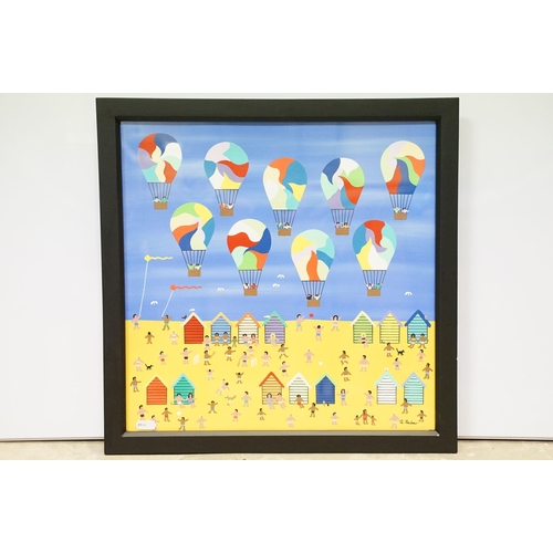 91 - Gordon Barker (b.1960), hot air balloons, beach huts and figures, acrylic, signed lower right, 40 x ... 