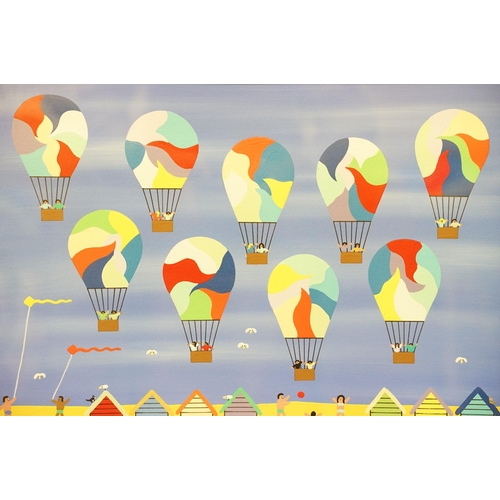 91 - Gordon Barker (b.1960), hot air balloons, beach huts and figures, acrylic, signed lower right, 40 x ... 