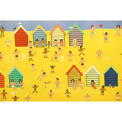 91 - Gordon Barker (b.1960), hot air balloons, beach huts and figures, acrylic, signed lower right, 40 x ... 