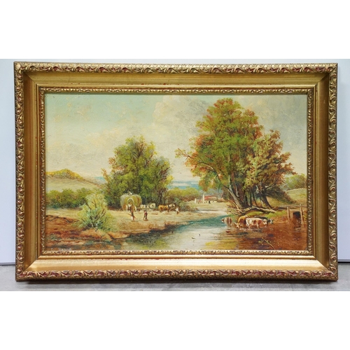 99 - G Harris, figure fishing by a bridge, oil on board, signed lower left, label verso for Kim Howard Ga... 