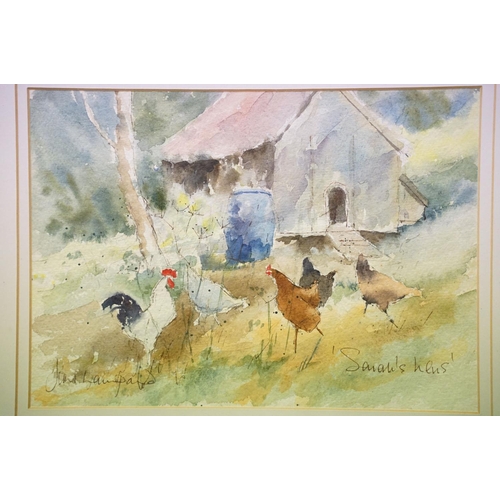 102 - Jane Lampard (British), Sarah's Hens, watercolour, signed lower left and titled lower right, 18 x 25... 