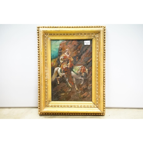 103 - Oil painting on panel of Arabian horse man, 17 x 11.5cm, gilt framed and glazed