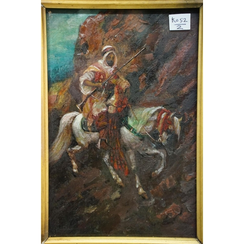 103 - Oil painting on panel of Arabian horse man, 17 x 11.5cm, gilt framed and glazed