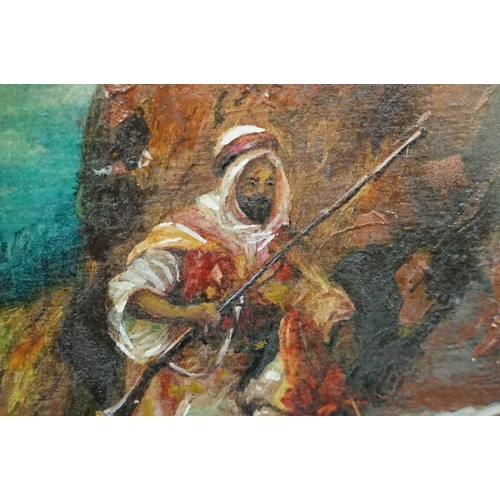 103 - Oil painting on panel of Arabian horse man, 17 x 11.5cm, gilt framed and glazed