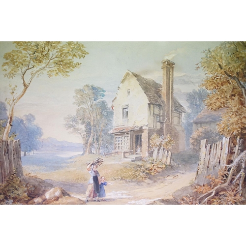 105 - 19th century English School, figure of a mother and daughter collecting firewood by a house, waterco... 