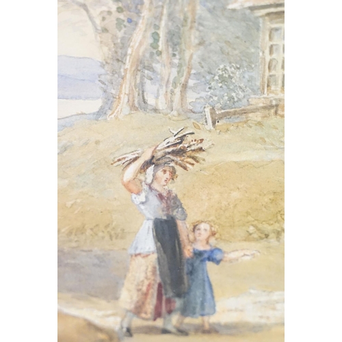 105 - 19th century English School, figure of a mother and daughter collecting firewood by a house, waterco... 