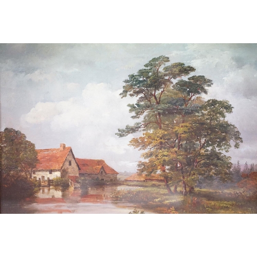 108 - Dutch School, rural landscape with buildings by a river, oil on canvas, 29 x 39cm, gilt framed and g... 