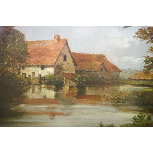 108 - Dutch School, rural landscape with buildings by a river, oil on canvas, 29 x 39cm, gilt framed and g... 