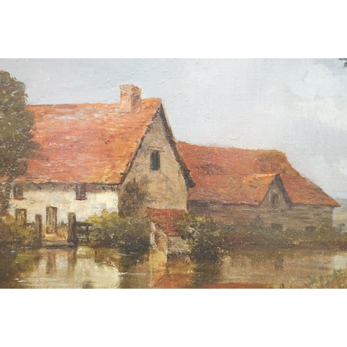 108 - Dutch School, rural landscape with buildings by a river, oil on canvas, 29 x 39cm, gilt framed and g... 