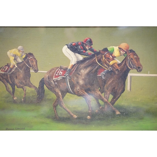 15 - James Edmond, 'Pipped at the Post, Rock Star Wins the Guineas', oil on board, titled on label verso ... 