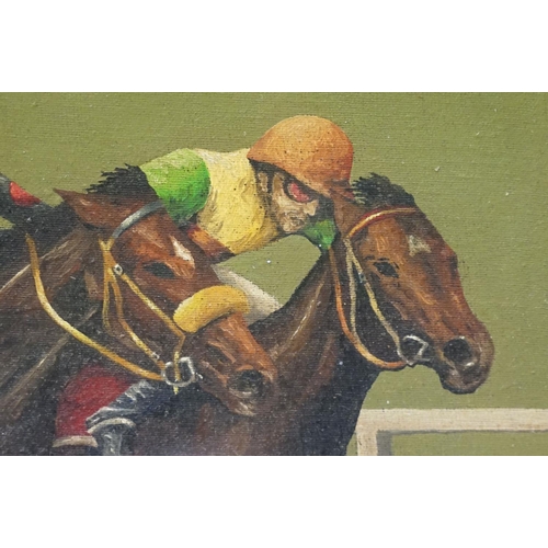 15 - James Edmond, 'Pipped at the Post, Rock Star Wins the Guineas', oil on board, titled on label verso ... 