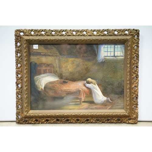 28 - Victorian oil on board of a young child praying at the foot of her bed, 25 x 35cm, framed