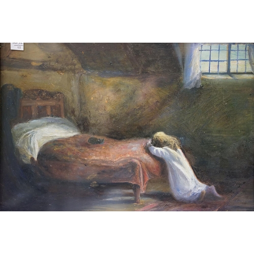 28 - Victorian oil on board of a young child praying at the foot of her bed, 25 x 35cm, framed