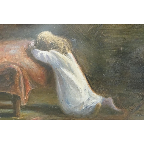 28 - Victorian oil on board of a young child praying at the foot of her bed, 25 x 35cm, framed