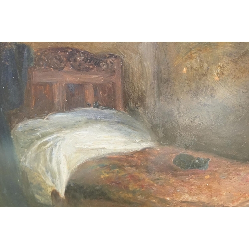 28 - Victorian oil on board of a young child praying at the foot of her bed, 25 x 35cm, framed