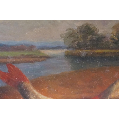 39 - Freshwater fish and creel on a riverbank, oil on board, 17 x 25cm, framed and glazed