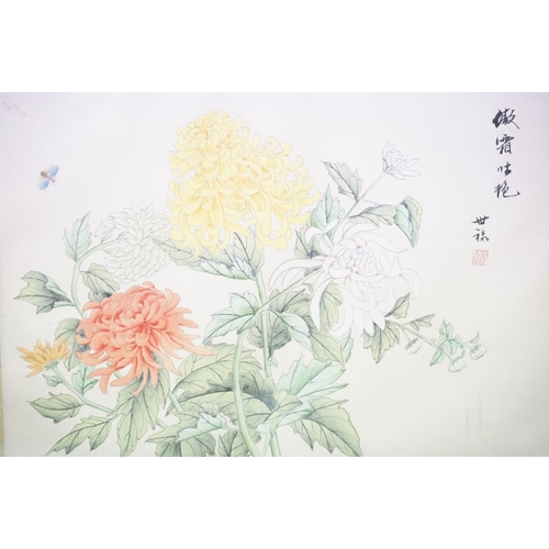 42 - Chinese School, flowers and foliage, watercolour, black character marks upper right and red characte... 