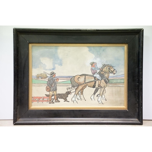 57 - Early 20th century watercolour of a rural scene with man & horse ploughing, hunter with gun dog, 35.... 