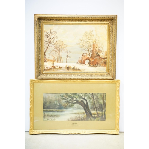 65 - Gilt framed oil on canvas winter scene with figures skating, 35 x 48cm together with oil on board in... 