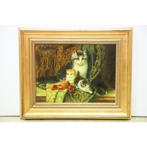 68 - English School, study of cat and kittens, oil on panel, indistinctly signed lower left, 28.5 x 38.5c... 