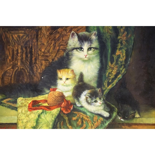 68 - English School, study of cat and kittens, oil on panel, indistinctly signed lower left, 28.5 x 38.5c... 