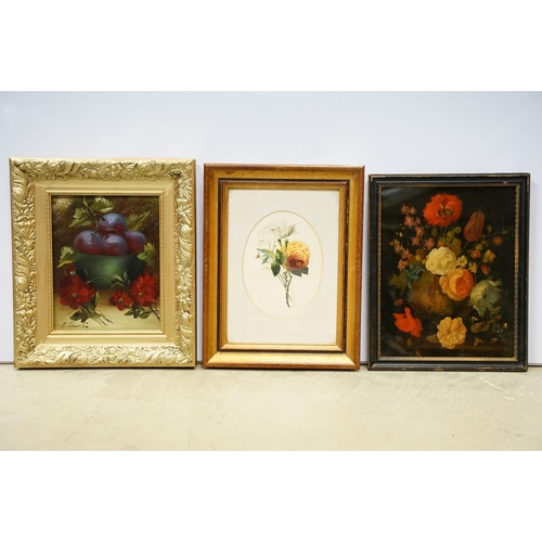 71 - Three vintage floral studies, to include: signed oil on board, watercolour of roses and a reverse pr... 