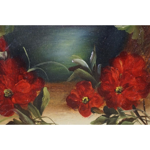 71 - Three vintage floral studies, to include: signed oil on board, watercolour of roses and a reverse pr... 