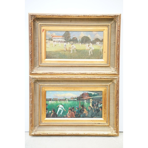 72 - Contemporary paintings, Victorian cricket scene, oil on panel, together with another, each 19 x 39cm... 