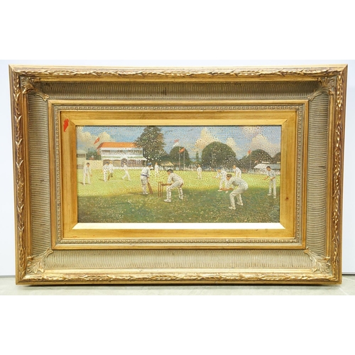 72 - Contemporary paintings, Victorian cricket scene, oil on panel, together with another, each 19 x 39cm... 