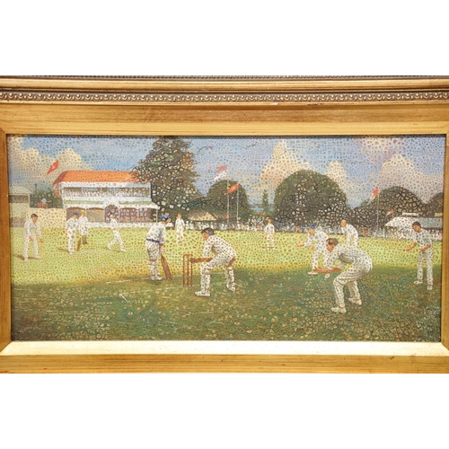 72 - Contemporary paintings, Victorian cricket scene, oil on panel, together with another, each 19 x 39cm... 