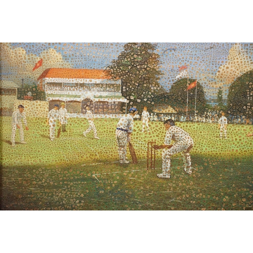 72 - Contemporary paintings, Victorian cricket scene, oil on panel, together with another, each 19 x 39cm... 