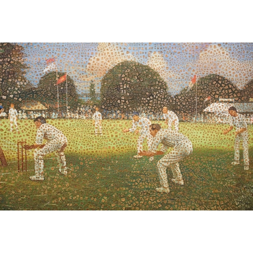 72 - Contemporary paintings, Victorian cricket scene, oil on panel, together with another, each 19 x 39cm... 