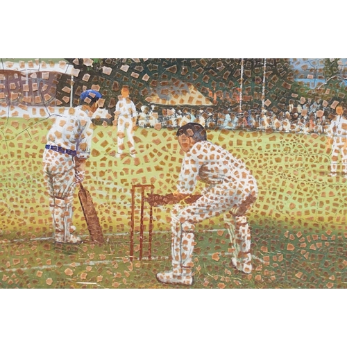 72 - Contemporary paintings, Victorian cricket scene, oil on panel, together with another, each 19 x 39cm... 