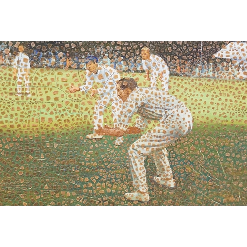 72 - Contemporary paintings, Victorian cricket scene, oil on panel, together with another, each 19 x 39cm... 