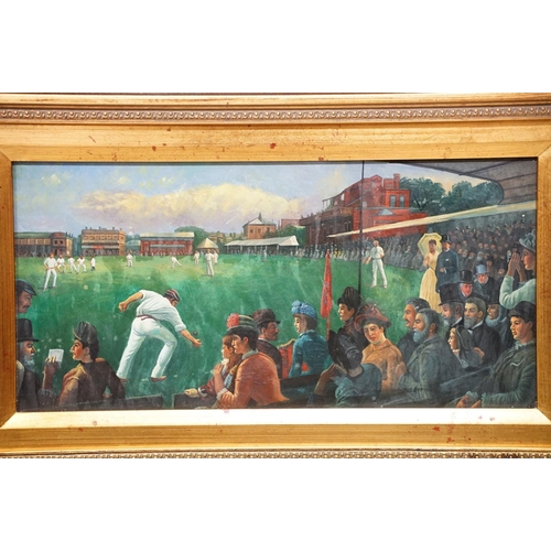 72 - Contemporary paintings, Victorian cricket scene, oil on panel, together with another, each 19 x 39cm... 