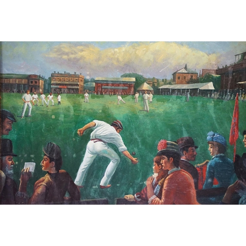 72 - Contemporary paintings, Victorian cricket scene, oil on panel, together with another, each 19 x 39cm... 