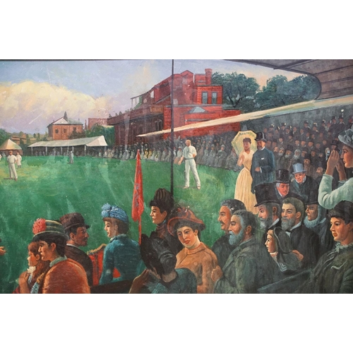 72 - Contemporary paintings, Victorian cricket scene, oil on panel, together with another, each 19 x 39cm... 