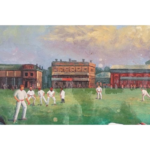 72 - Contemporary paintings, Victorian cricket scene, oil on panel, together with another, each 19 x 39cm... 