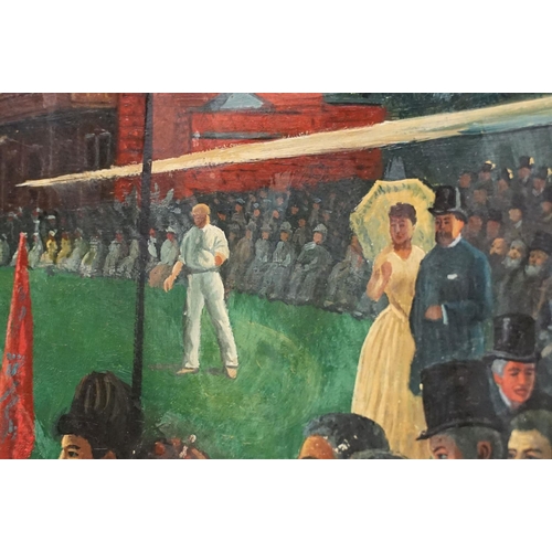 72 - Contemporary paintings, Victorian cricket scene, oil on panel, together with another, each 19 x 39cm... 