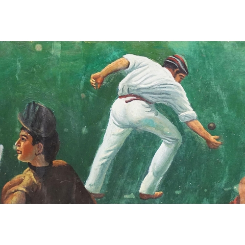 72 - Contemporary paintings, Victorian cricket scene, oil on panel, together with another, each 19 x 39cm... 