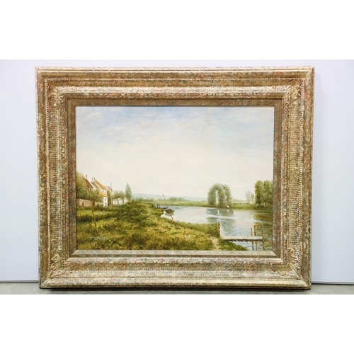 86 - F Lester, river scene, oil on board, signed lower left, 28.5 x 38.5cm, framed