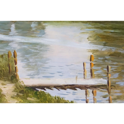 86 - F Lester, river scene, oil on board, signed lower left, 28.5 x 38.5cm, framed