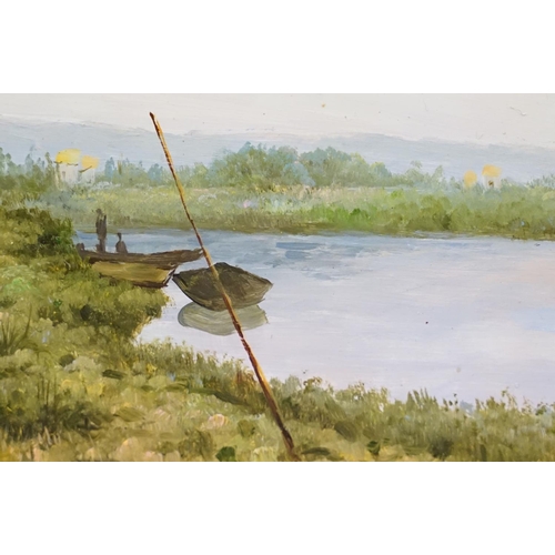 86 - F Lester, river scene, oil on board, signed lower left, 28.5 x 38.5cm, framed