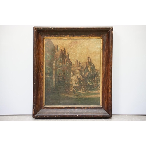 92 - 19th century classical scene with figures and half-timbered buildings, oil on canvas, 41 x 34cm, fra... 