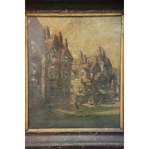 92 - 19th century classical scene with figures and half-timbered buildings, oil on canvas, 41 x 34cm, fra... 