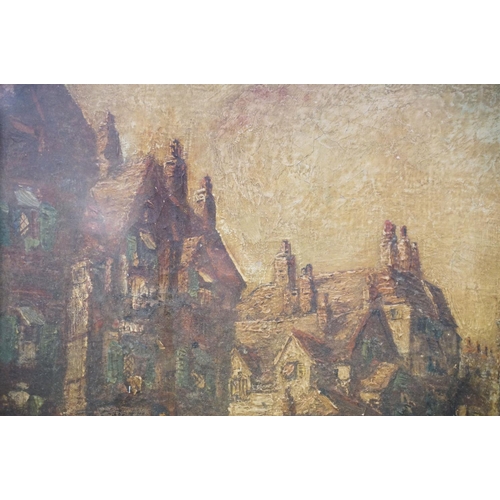 92 - 19th century classical scene with figures and half-timbered buildings, oil on canvas, 41 x 34cm, fra... 