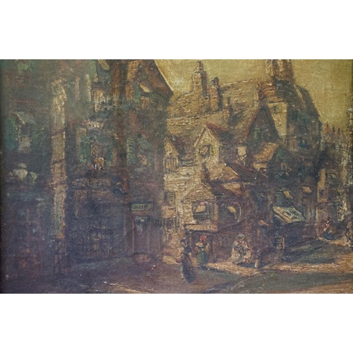 92 - 19th century classical scene with figures and half-timbered buildings, oil on canvas, 41 x 34cm, fra... 