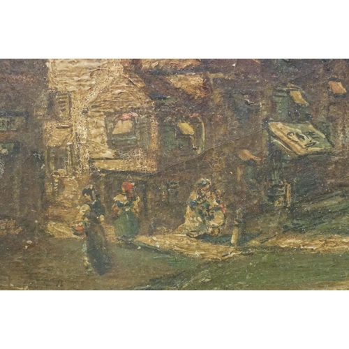 92 - 19th century classical scene with figures and half-timbered buildings, oil on canvas, 41 x 34cm, fra... 