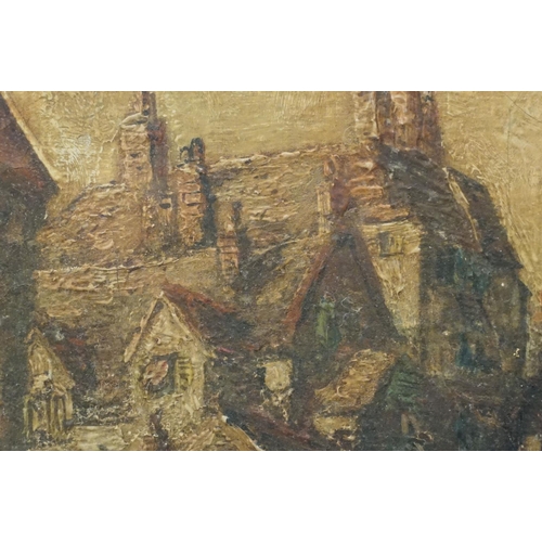 92 - 19th century classical scene with figures and half-timbered buildings, oil on canvas, 41 x 34cm, fra... 