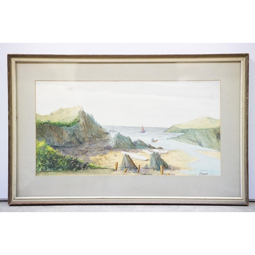 94 - J Leyland, coastal scene, watercolour, signed lower right, 20 x 39.5cm